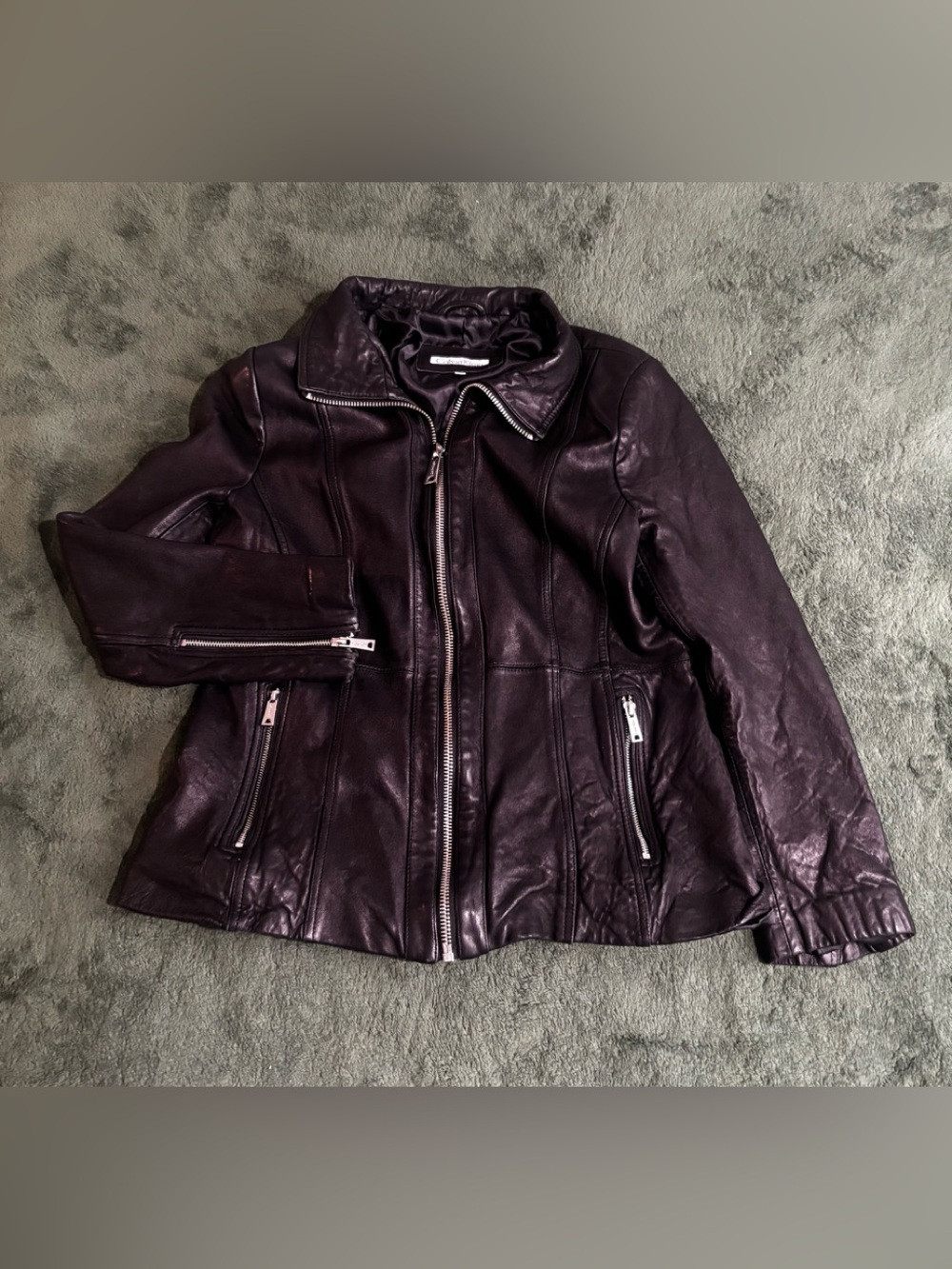Vintage Y2K Calvin Klein med large Black Leather jacket womenโs silver zippers